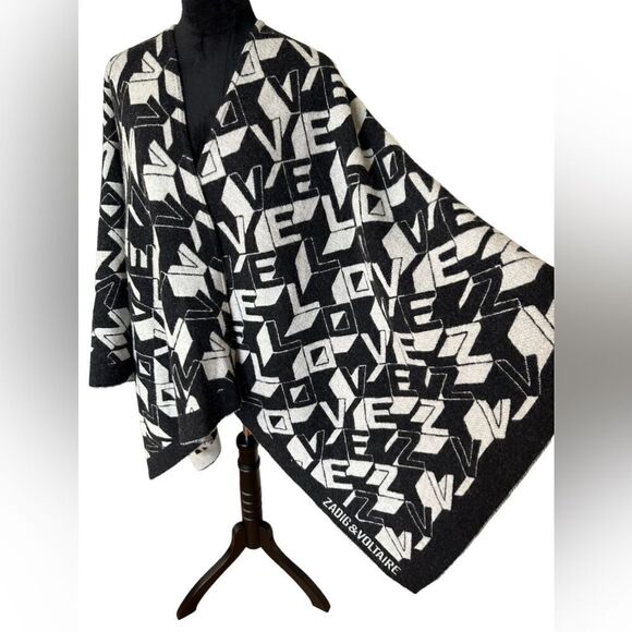 ZADIG & VOLTAIRE Elliot Love Wool-Blend Poncho - Black White LOGO - Picture 5 of 13